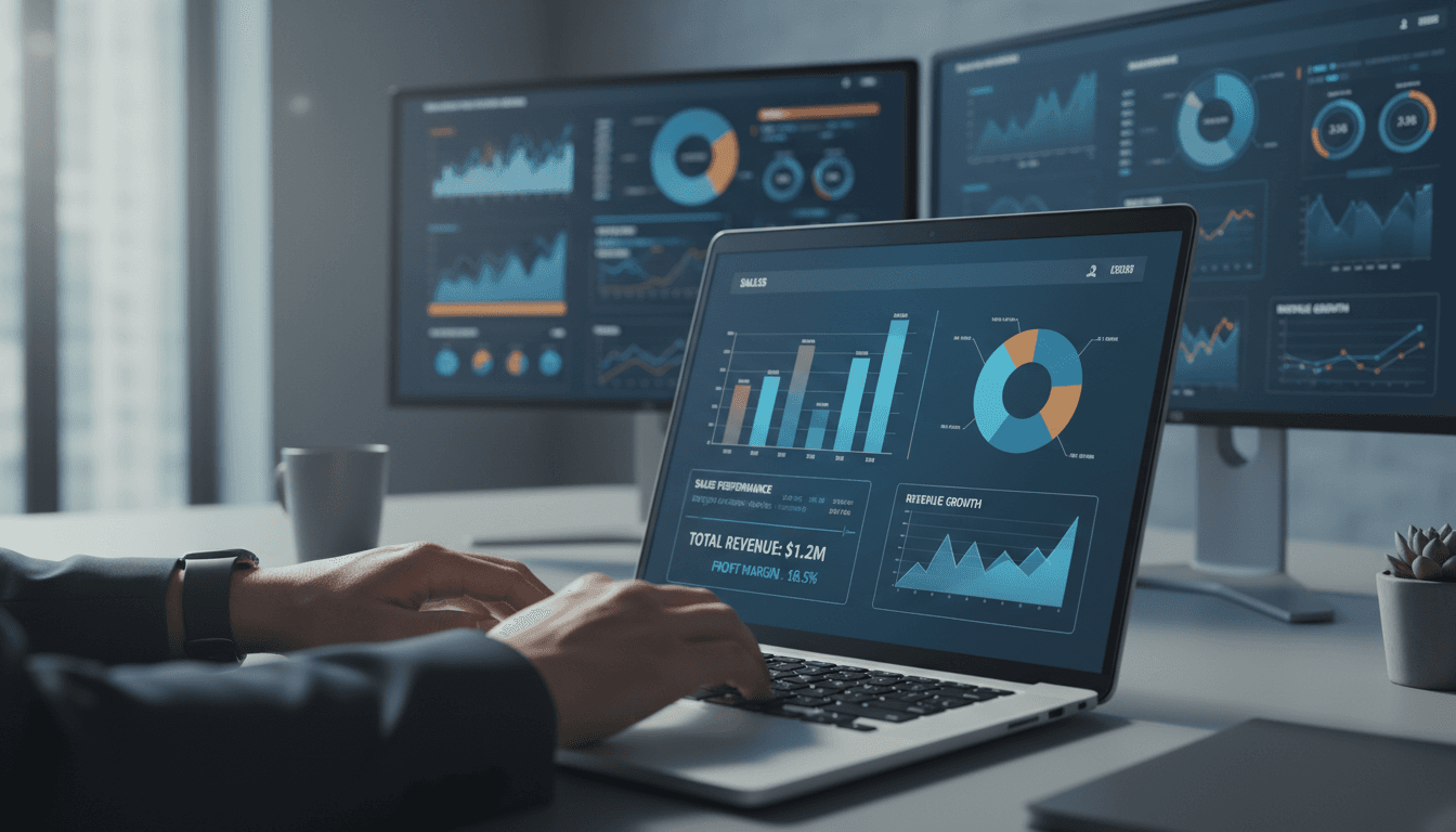 Data analyst reviewing business intelligence dashboards on laptop