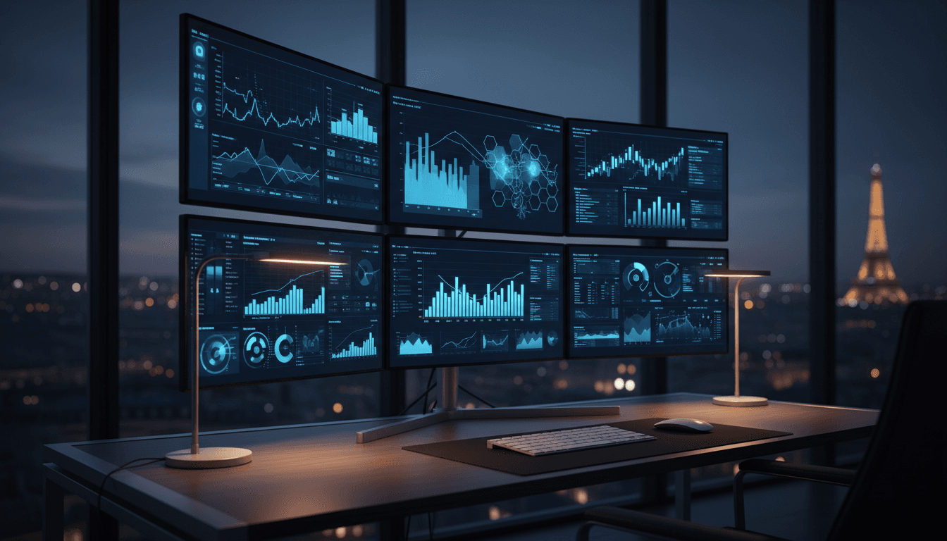 Professional workspace with multiple monitors displaying real-time data analytics dashboards and performance metrics