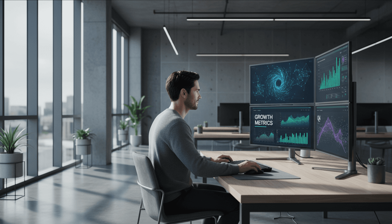 Professional analyzing business intelligence dashboards on multiple monitors in a modern Paris office