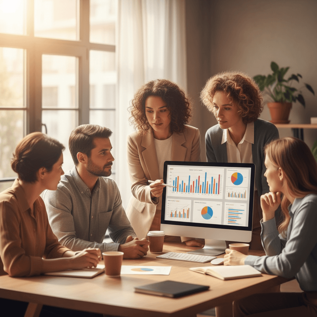 Team reviewing analytics data together in collaborative workspace