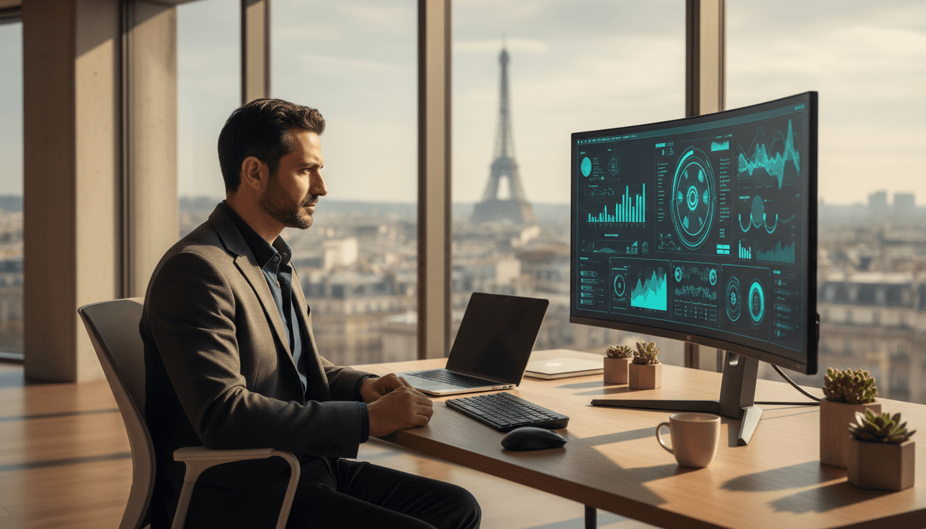 Karim Chakir, founder of DataForge Systems, focused at his desk with analytics dashboards on screen